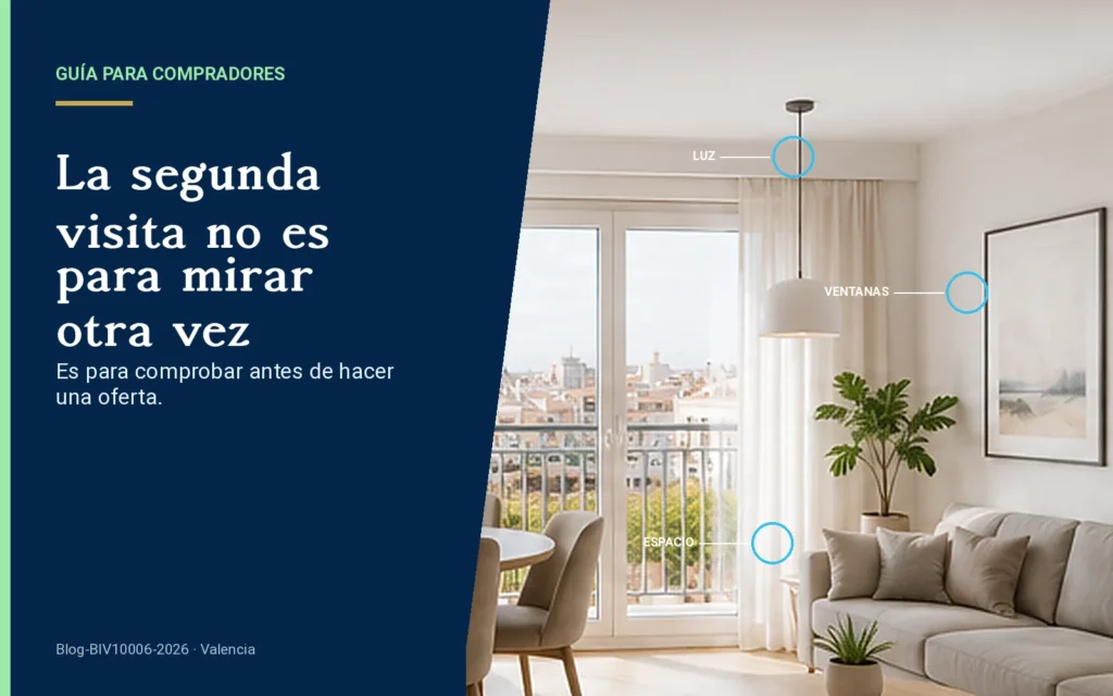 Comprador revisando una vivienda luminosa en Valencia durante la segunda visita antes de hacer una oferta.