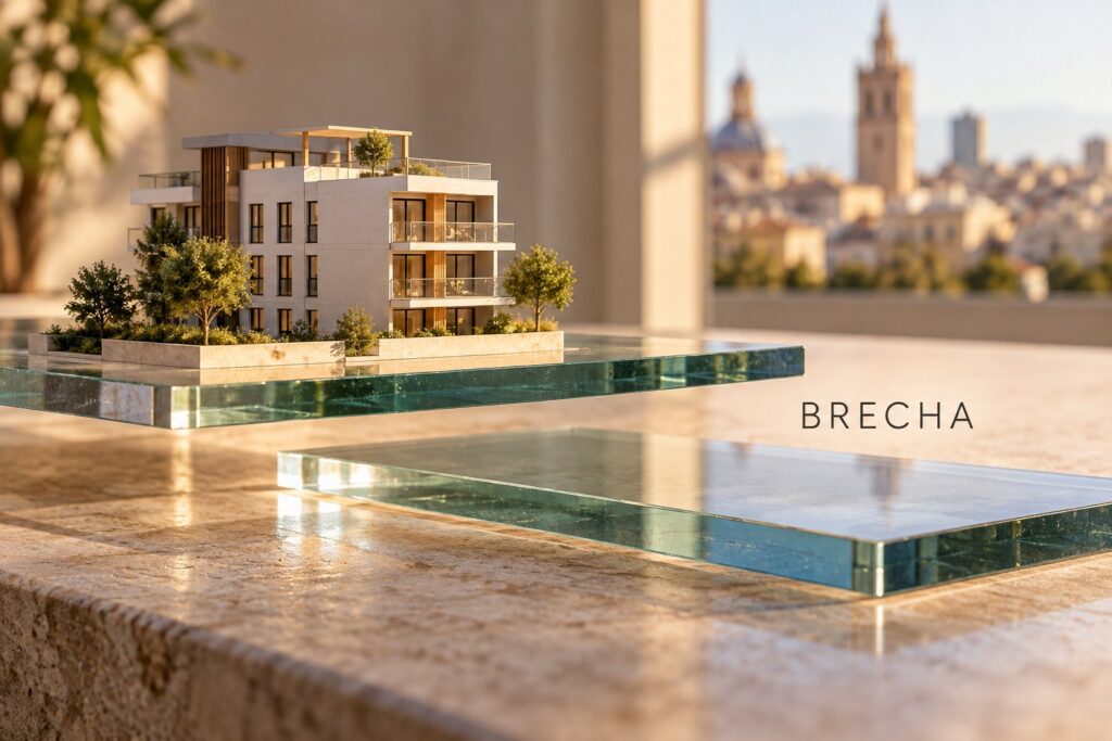 Maqueta de vivienda sobre planos de cristal separados que representa la diferencia entre precio acordado y tasación hipotecaria en Valencia.