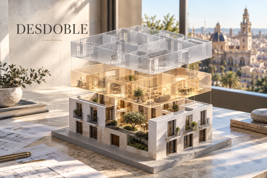 Maqueta arquitectónica en capas que representa la nuda propiedad y el usufructo de una vivienda en Valencia.